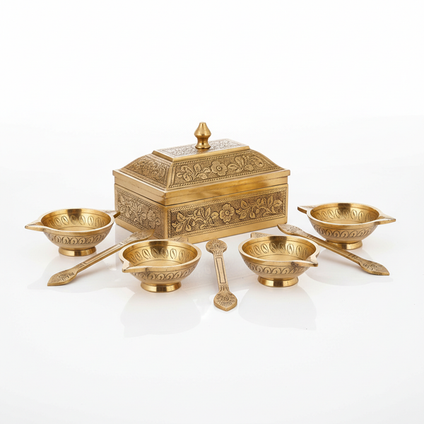 Traditional Brass Diya Set (Pack of 5) with Decorative Box