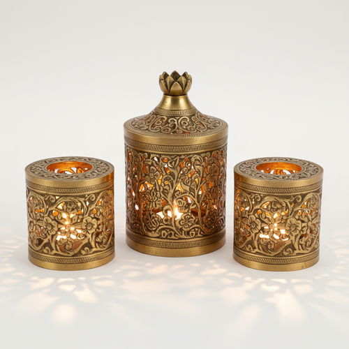 Decorative Brass Tealight Candle Holders Set of 3 - Traditional Design