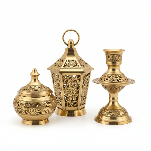 Decorative Brass Tealight Candle Holders Set of 3 - Traditional Design