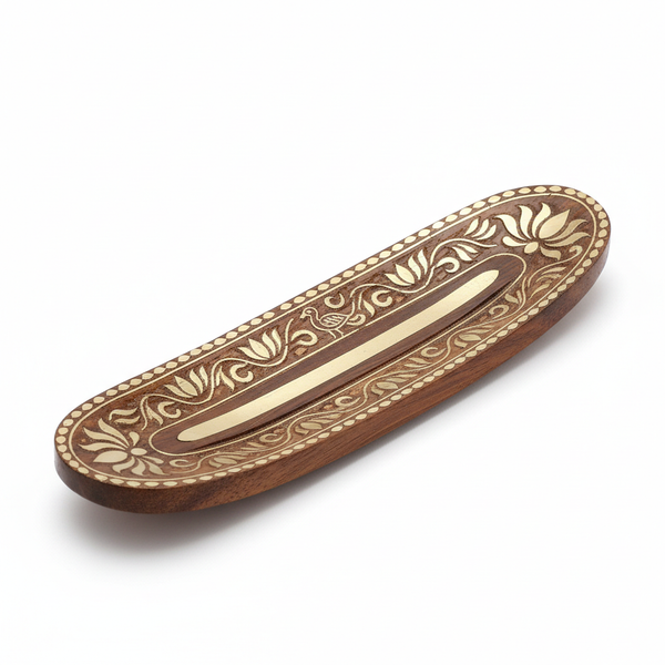 Handcrafted Wooden Incense Stick Holder with Brass Inlay